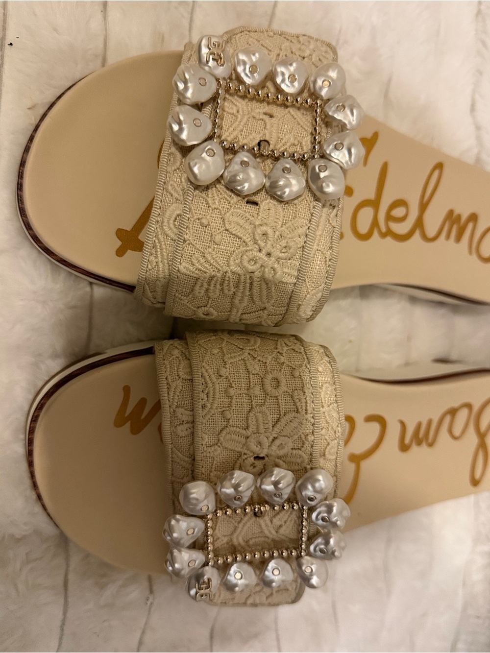 Sam Edelman Beige Lace Pearl-Buckle Slide Mules - Picture 3 of 9